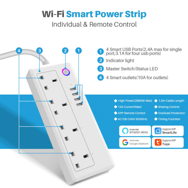 UK Tuya Smart Power Strip: 4 Sockets + 4 USB Ports with Voice & Timer Control - Image 2