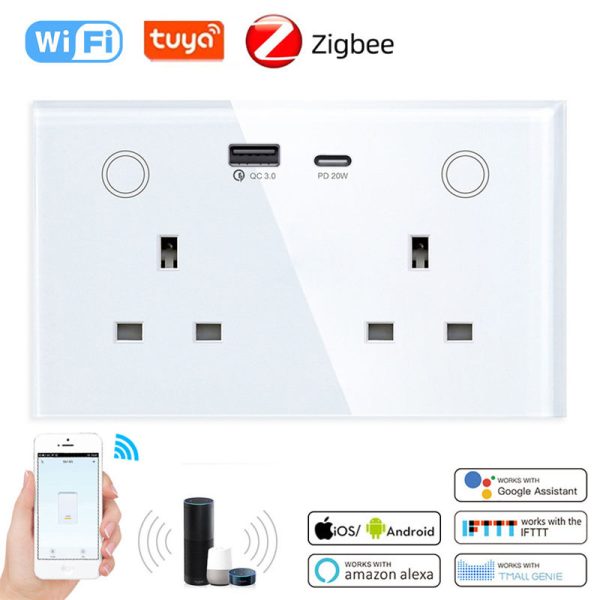 UK Standard Tuya Zigbee Smart Socket with Touch Glass Panel and USB-C PD - Image 2